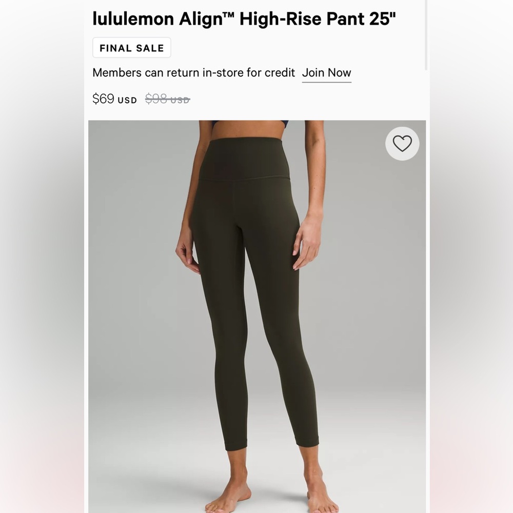 LULULEMON DARK OLIVE ALIGN 25" size 4
